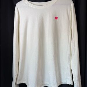 White Long Sleeve Shirt with Embroidered Pink Heart